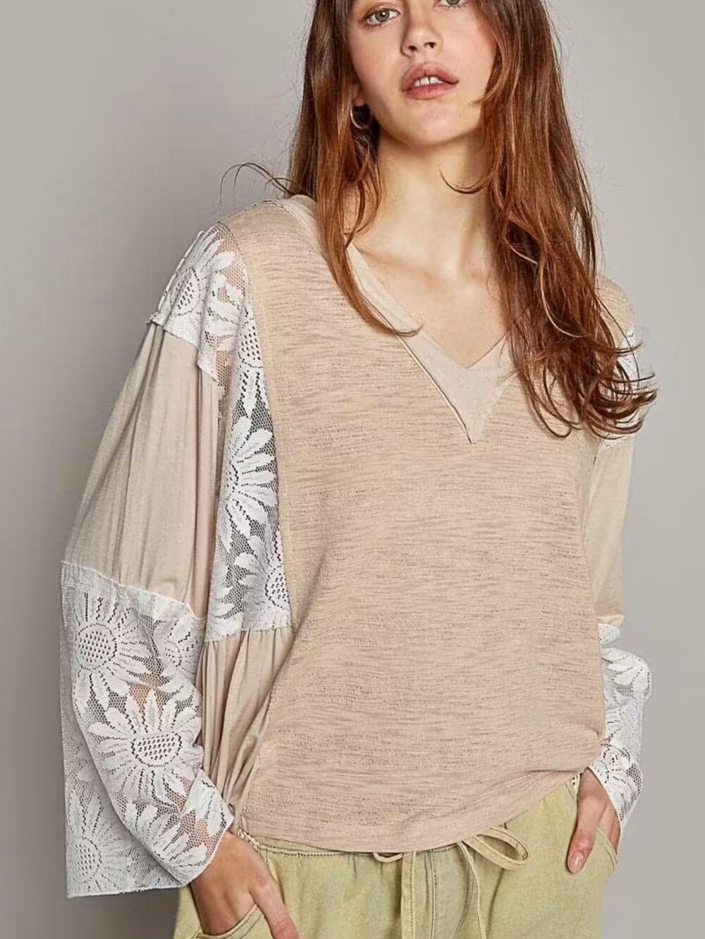 POL NEW Lace Slub Knit V-neck Flare Sleeve Oversized Pullover Top SZ Small Boho
